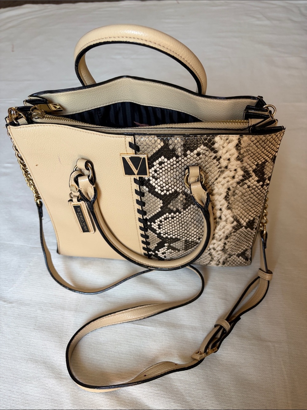 Victoria's Secret Cream Satchel with Snake-Print Accent and Gold Chain Strap - Picture 2 of 10